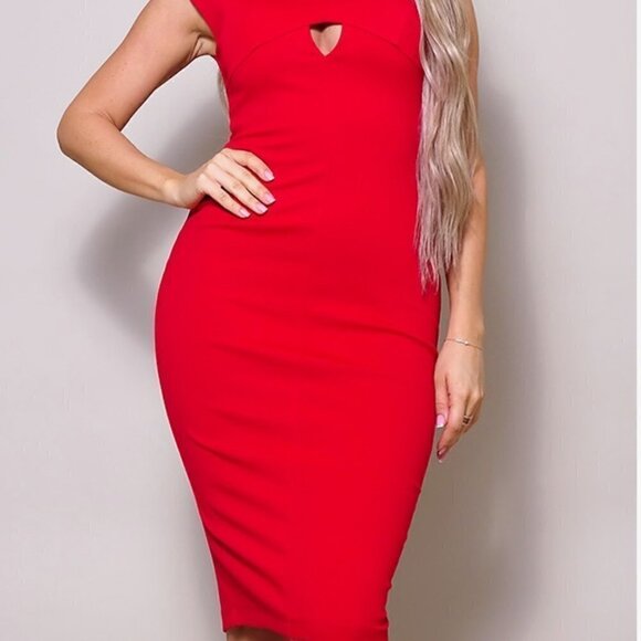 Cefian Fashion Women’s Red Cutout Short Sleeve Midi Stretch Keyhole Dress - Picture 4 of 9